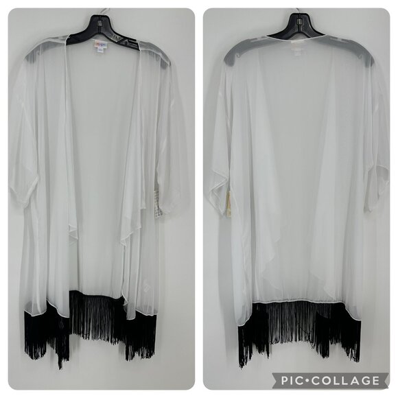 3/$25 LulaRoe Sheer Fringe Monroe Kimono Cardigan Top L White Black Boho NWT - Picture 1 of 9